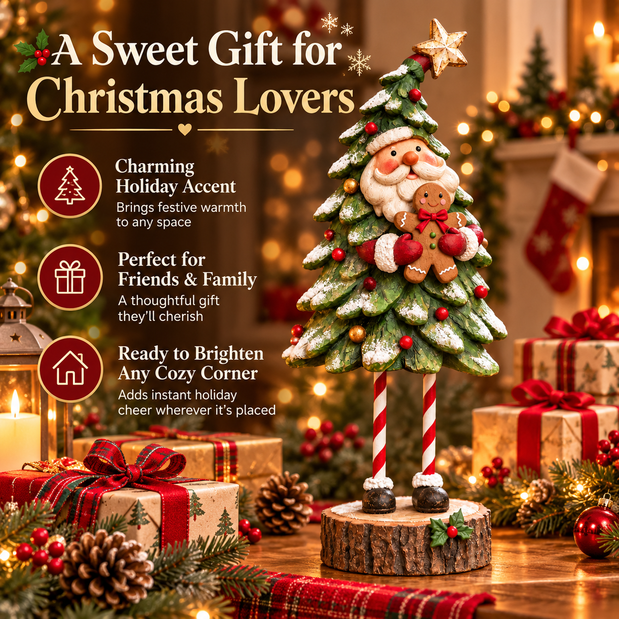 Whimsical Santa Christmas Tree Figurine with Gingerbread Man