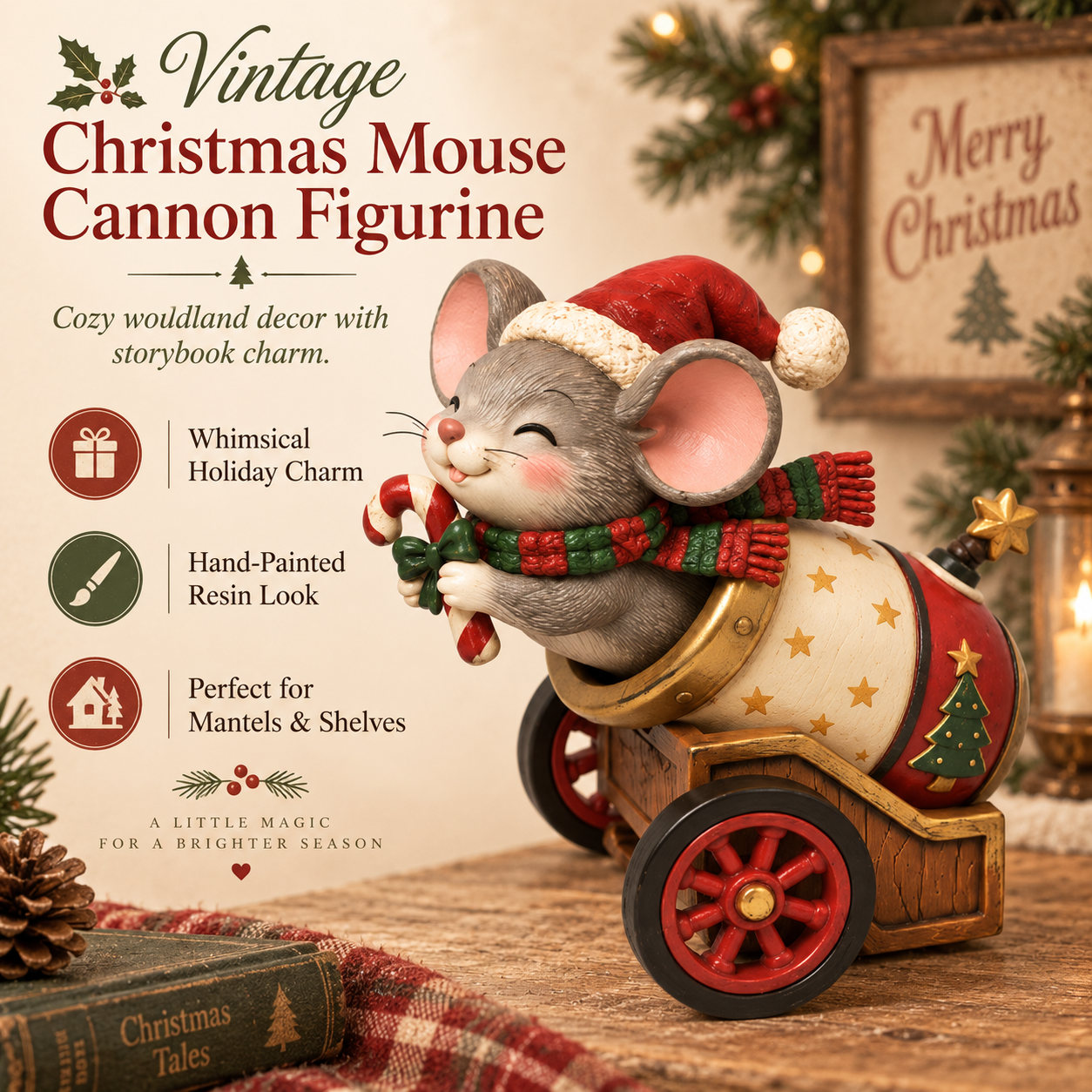 Vintage Christmas Mouse Cannon Figurine