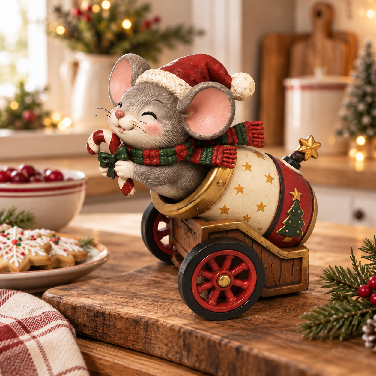 Vintage Christmas Mouse Cannon Figurine