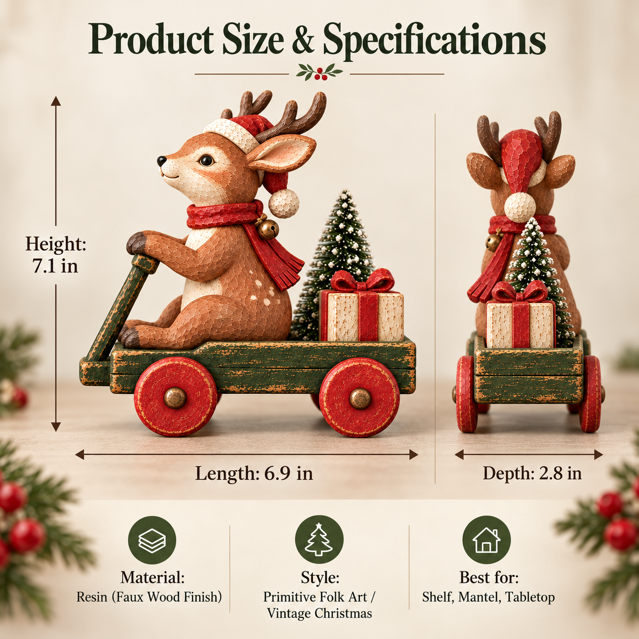 Vintage Christmas Reindeer Wagon Figurine