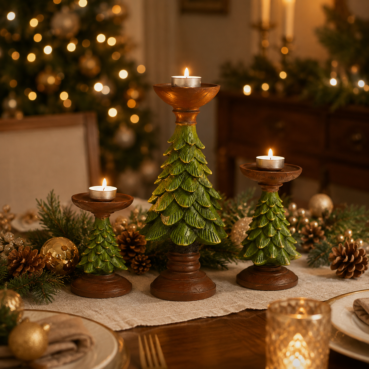 Christmas Tree Tealight Candle Holder Set – Vintage Resin Holiday Centerpiece Decor