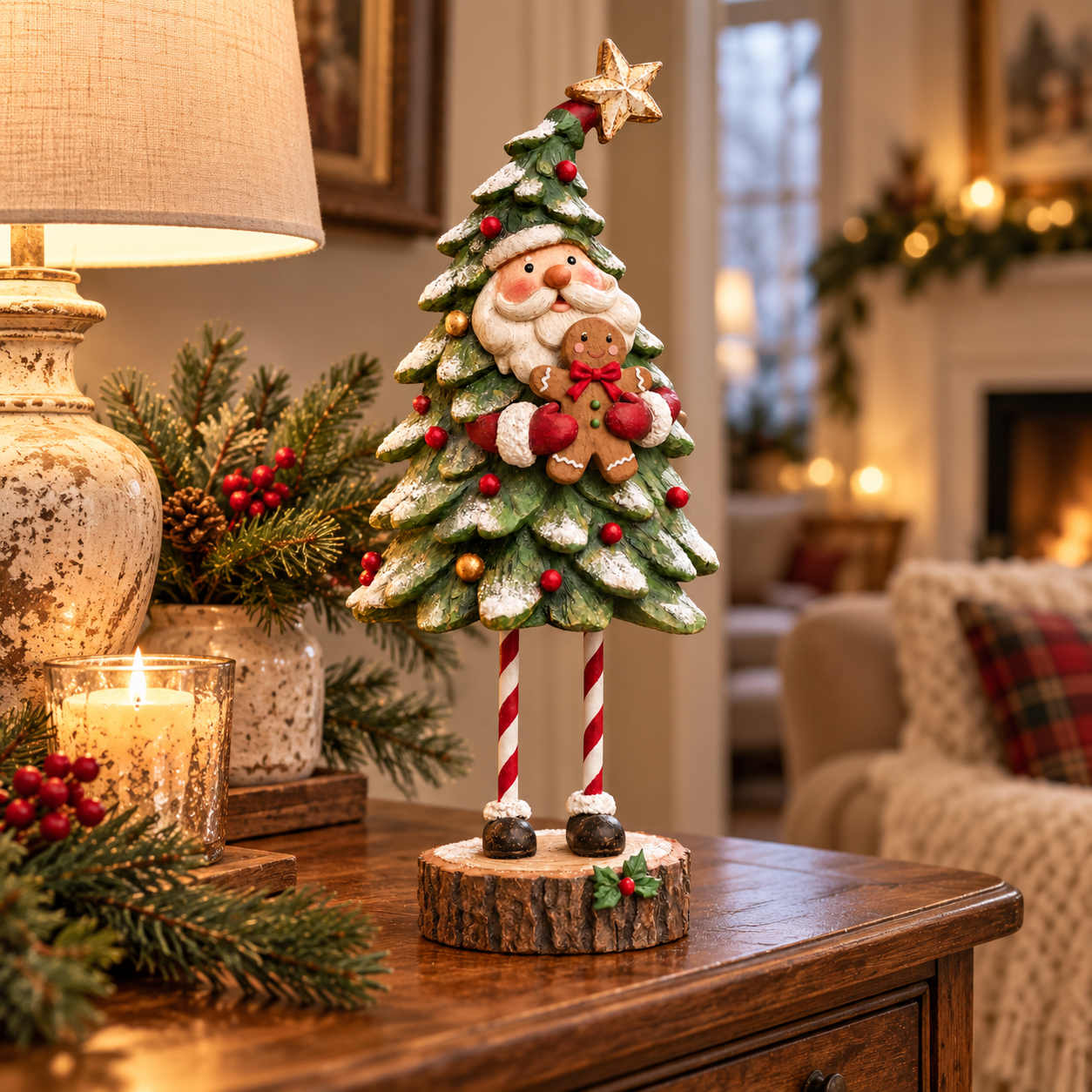 Whimsical Santa Christmas Tree Figurine with Gingerbread Man