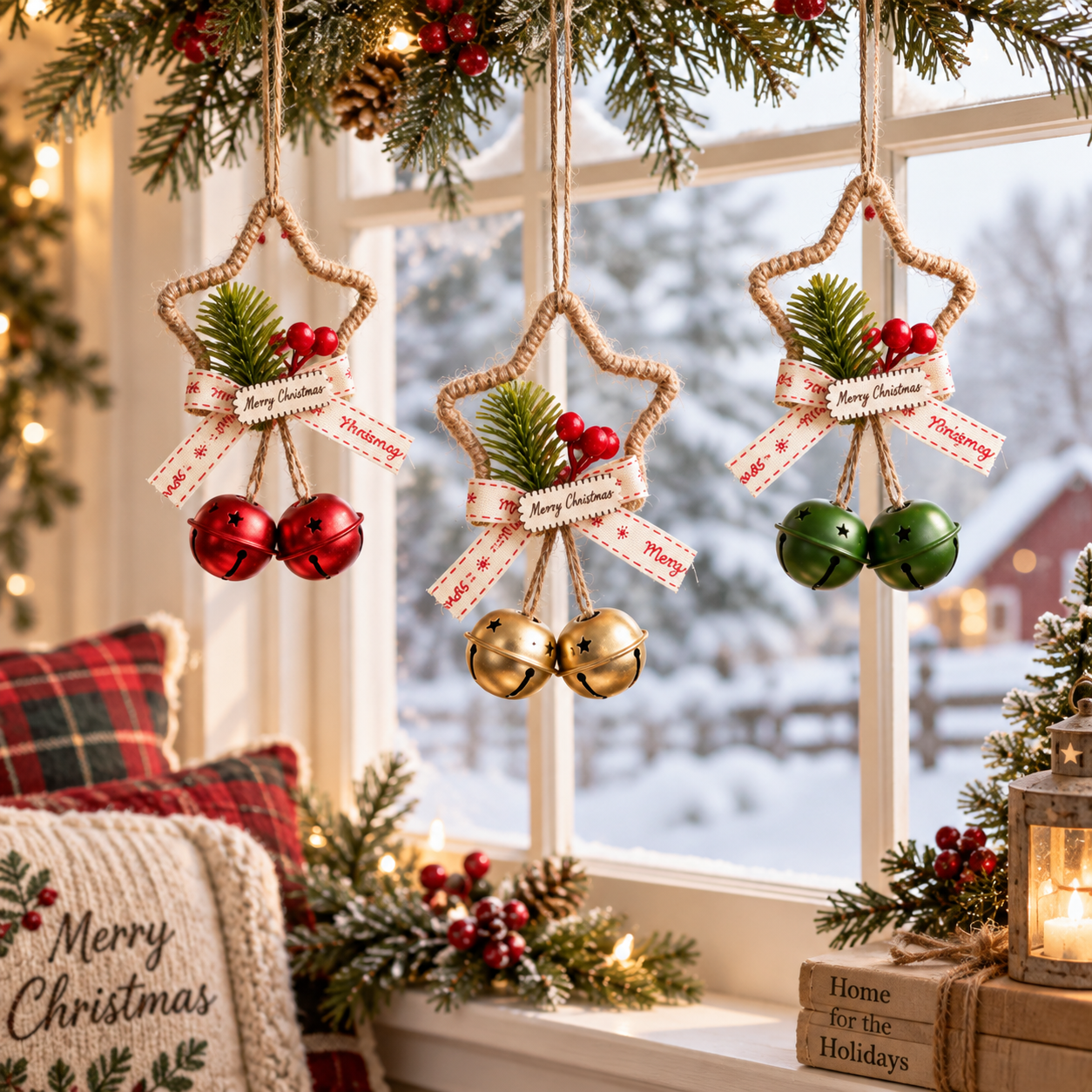Rustic Christmas Star Bell Ornaments 4-Pack