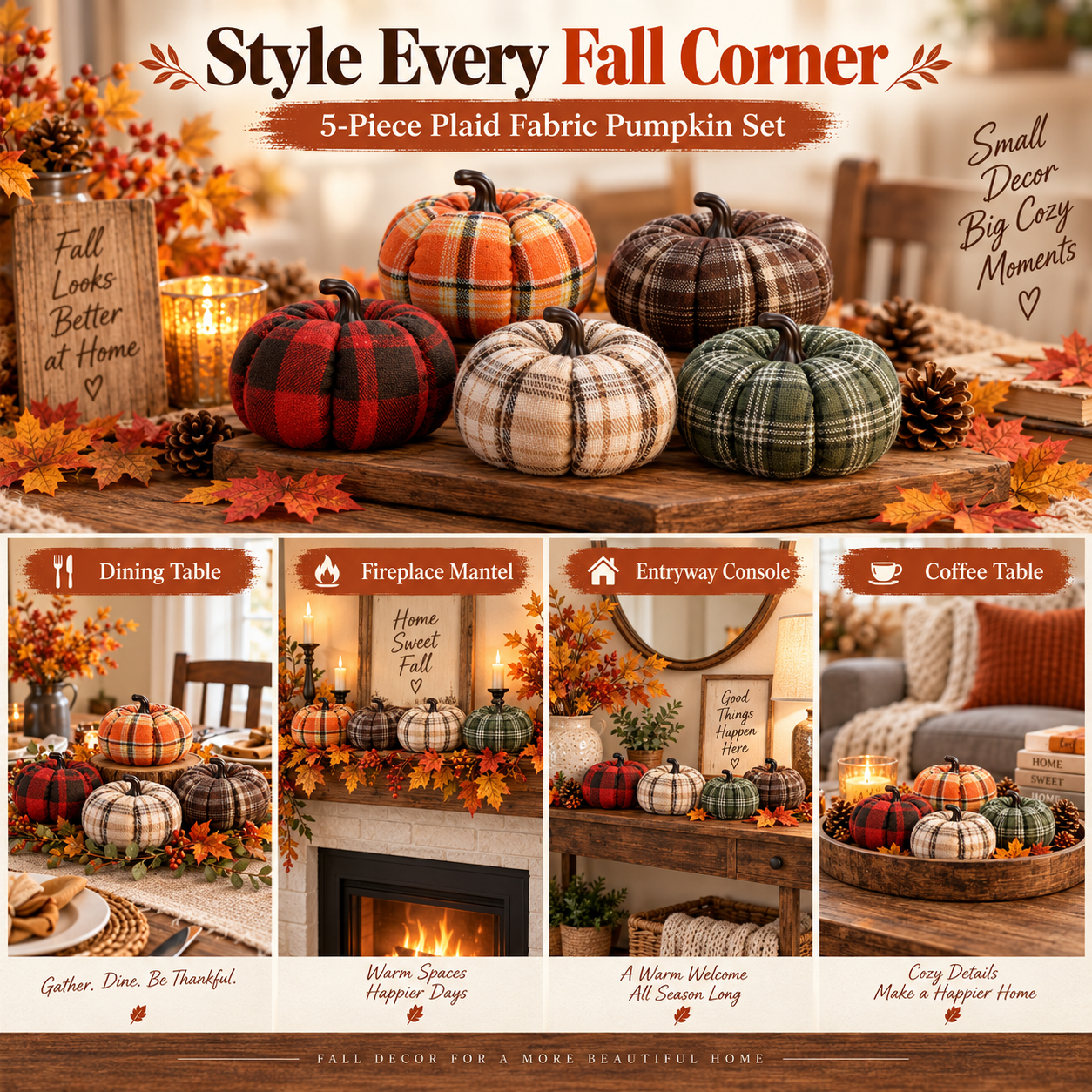 5-Pack Plaid Fabric Pumpkins Fall Decor Set – Cozy Rustic Thanksgiving Table Decorations 