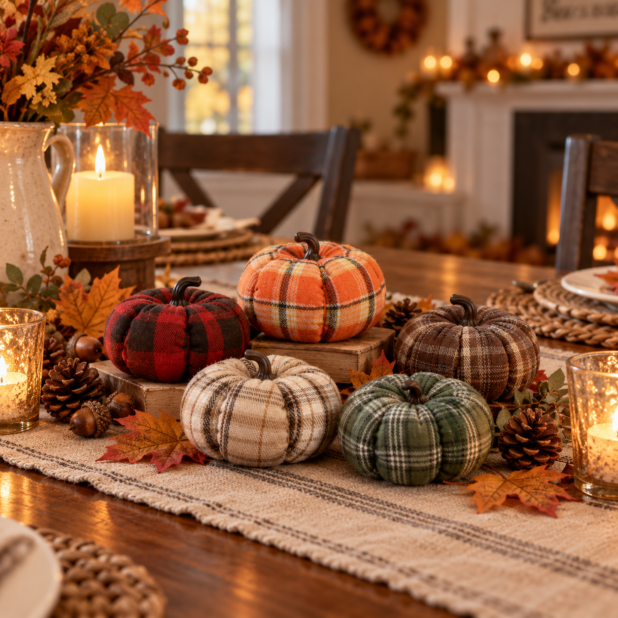 5-Pack Plaid Fabric Pumpkins Fall Decor Set – Cozy Rustic Thanksgiving Table Decorations 