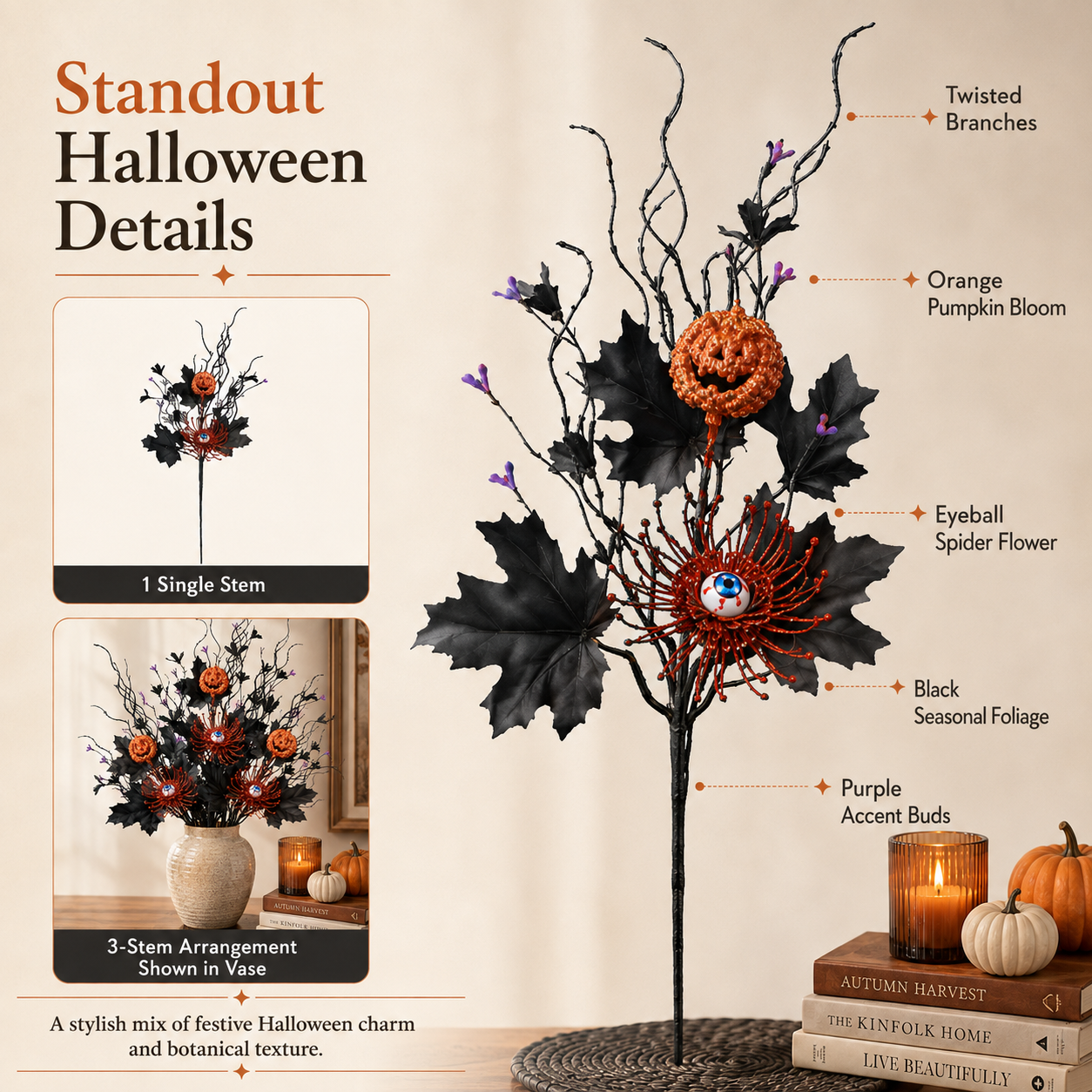 Halloween Gothic Eyeball Floral Stems – 3 Pack