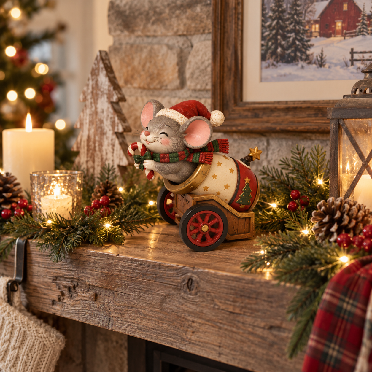 Vintage Christmas Mouse Cannon Figurine