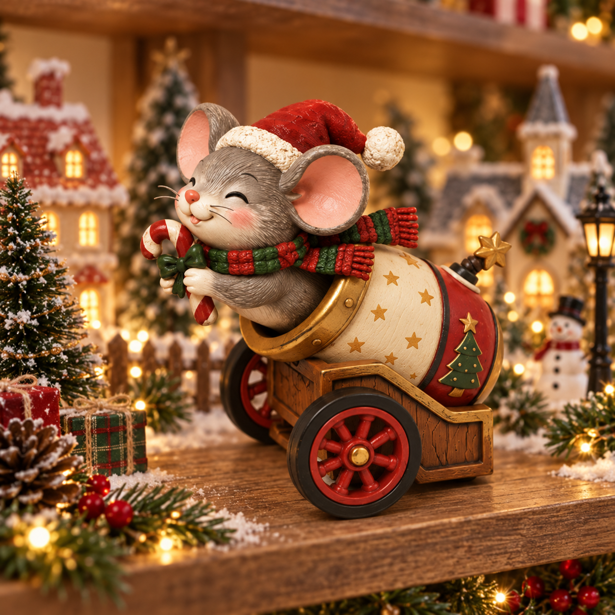 Vintage Christmas Mouse Cannon Figurine