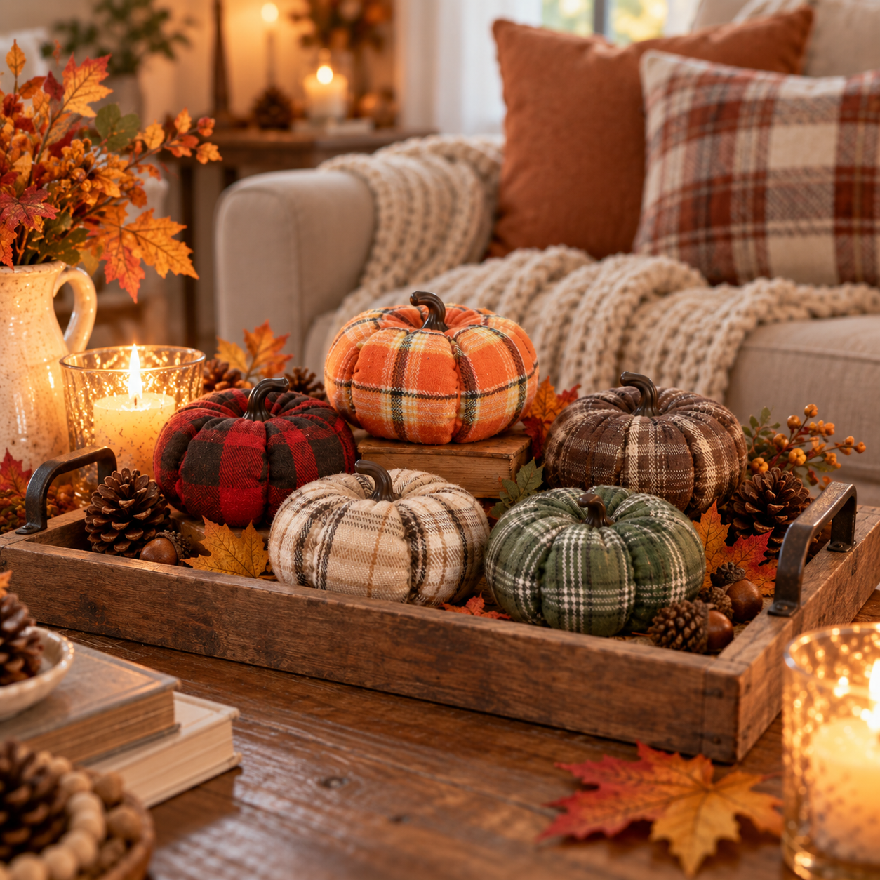 5-Pack Plaid Fabric Pumpkins Fall Decor Set – Cozy Rustic Thanksgiving Table Decorations 