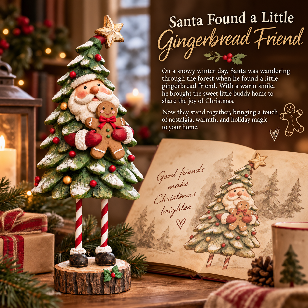 Whimsical Santa Christmas Tree Figurine with Gingerbread Man