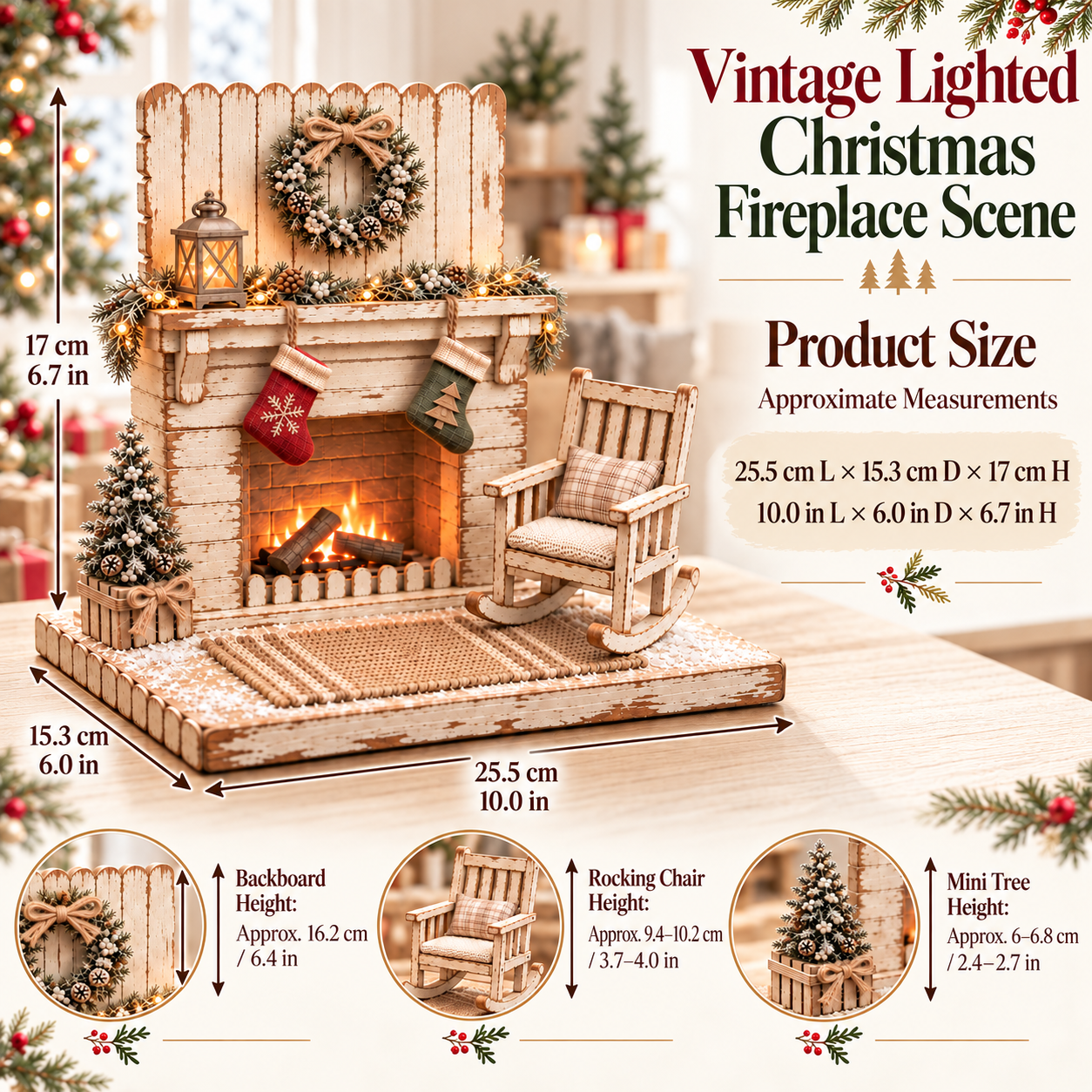 Vintage Lighted Christmas Fireplace Scene