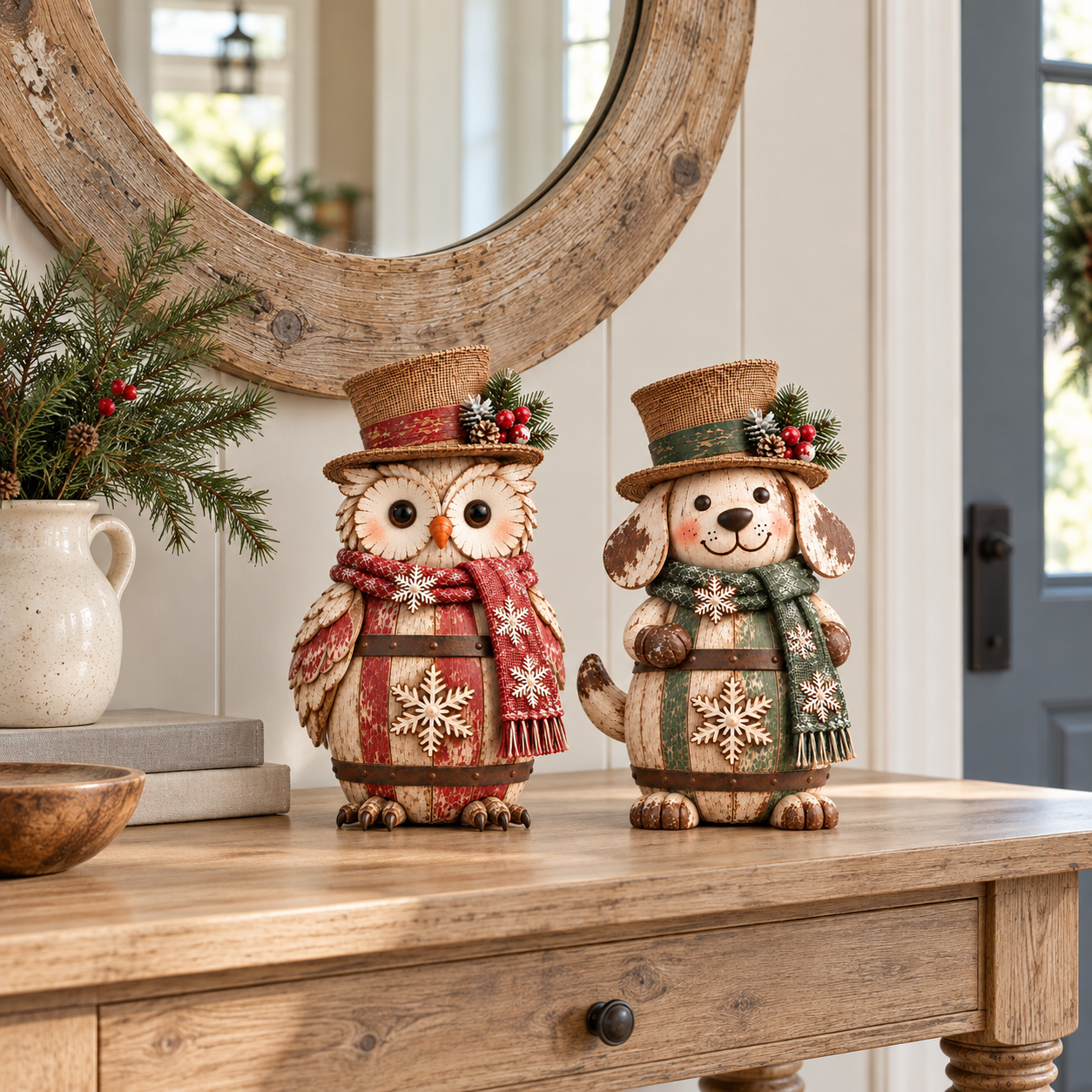 Vintage Christmas Barrel Owl & Dachshund Figurines