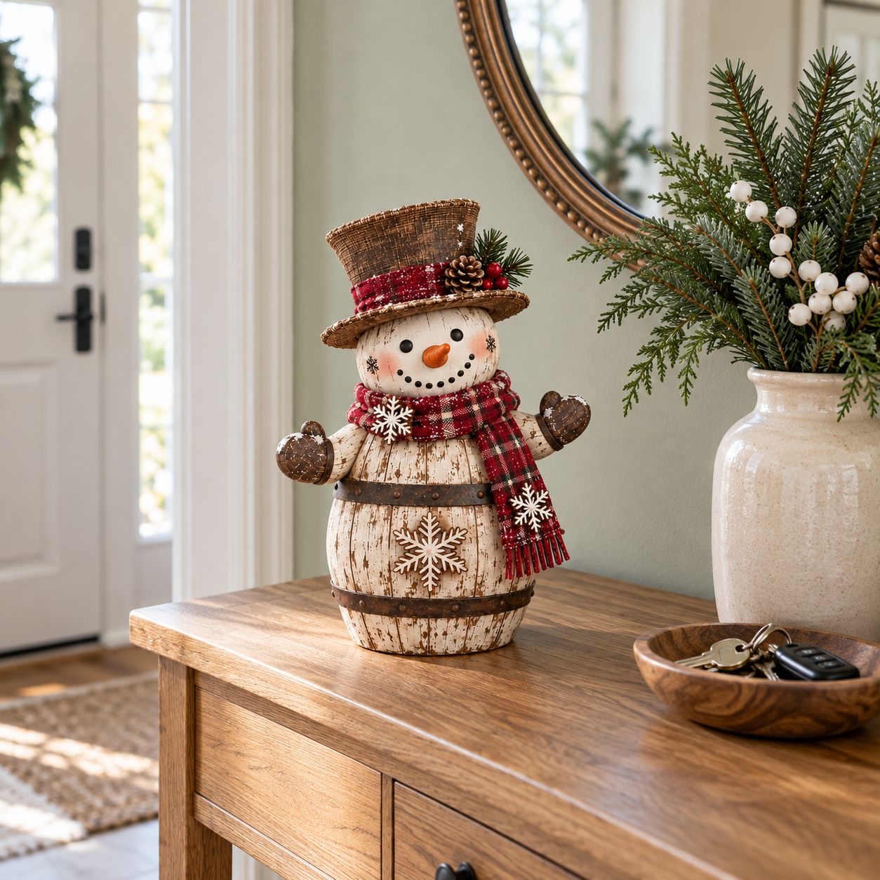 Vintage Whitewashed Barrel Snowman Figurine