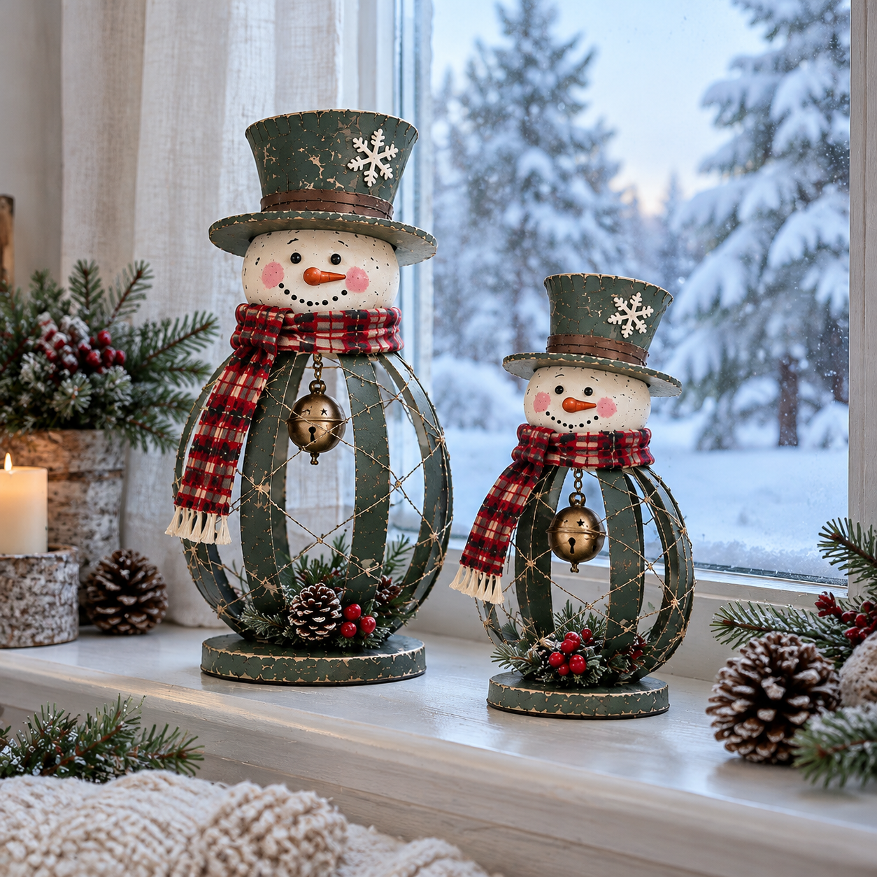 Vintage Lighted Iron Christmas Snowman Duo