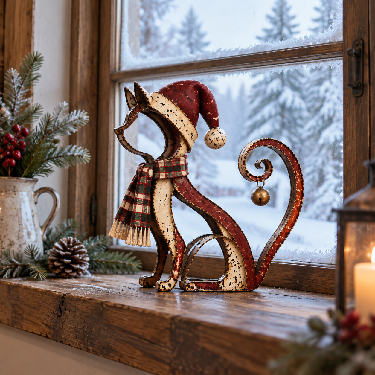 Vintage Christmas Metal Cat Figurine with Santa Hat & Bell
