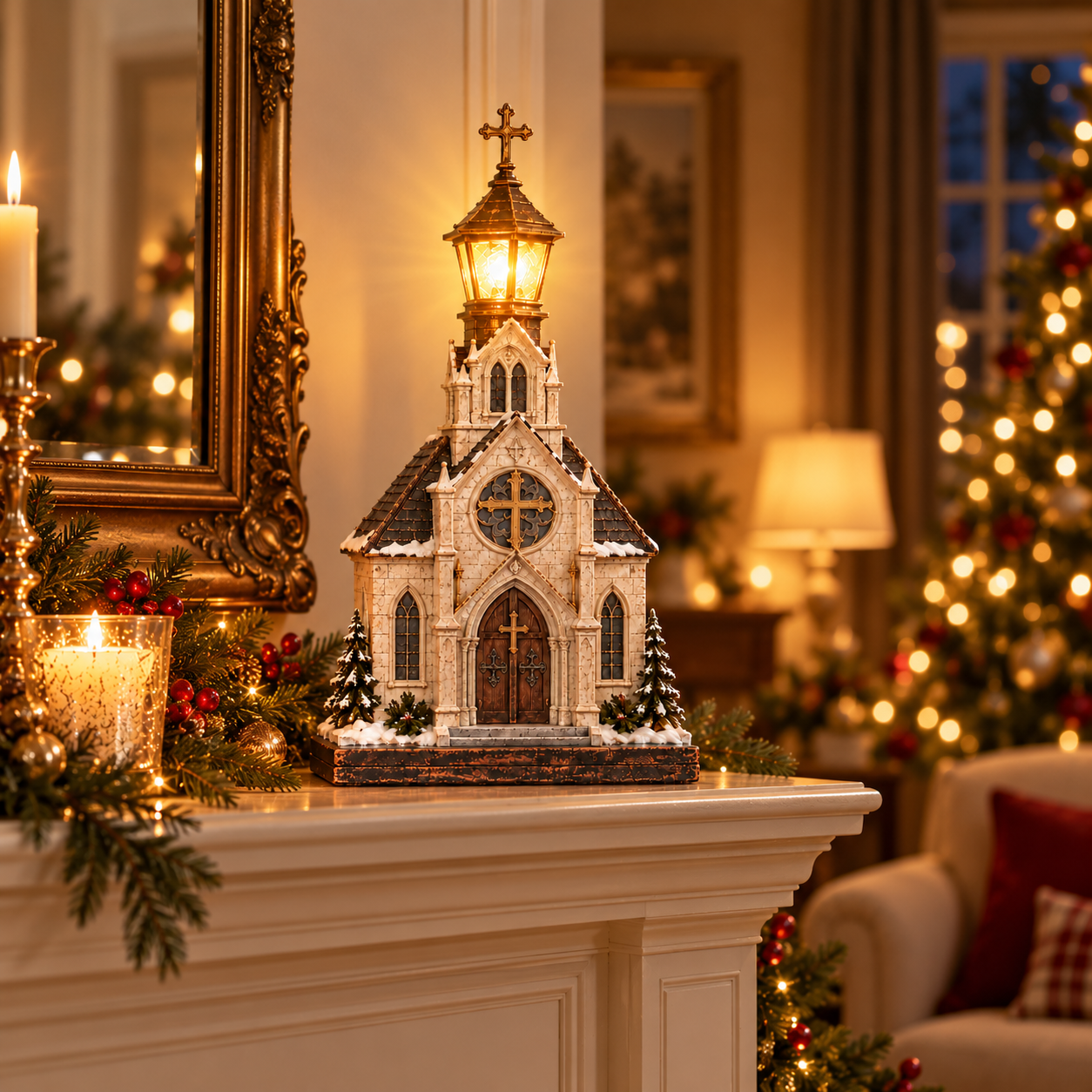 Vintage Lighted Christmas Chapel with Lantern
