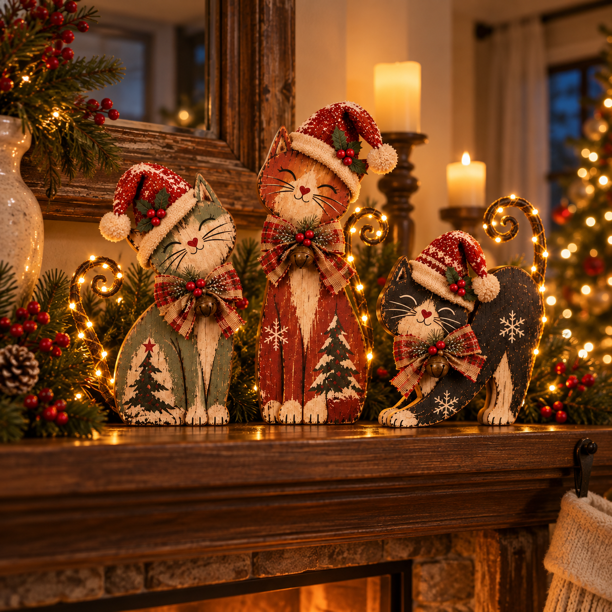 Vintage Lighted Christmas Cat Trio 
