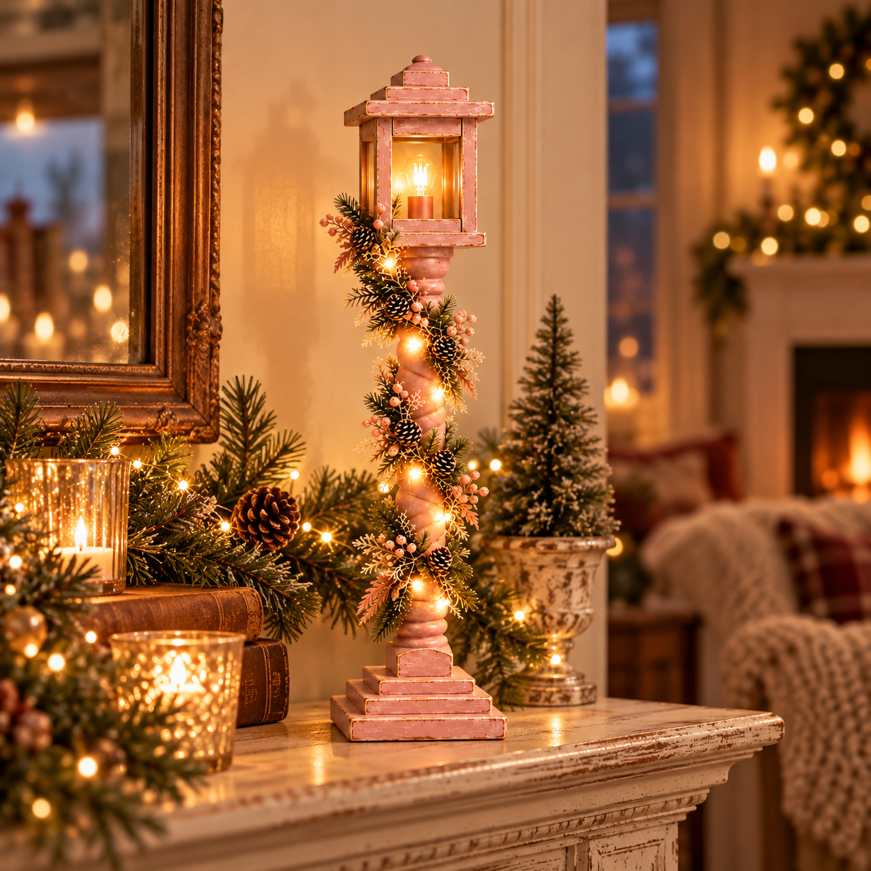Vintage Blush Pink Lighted Christmas Lantern Post