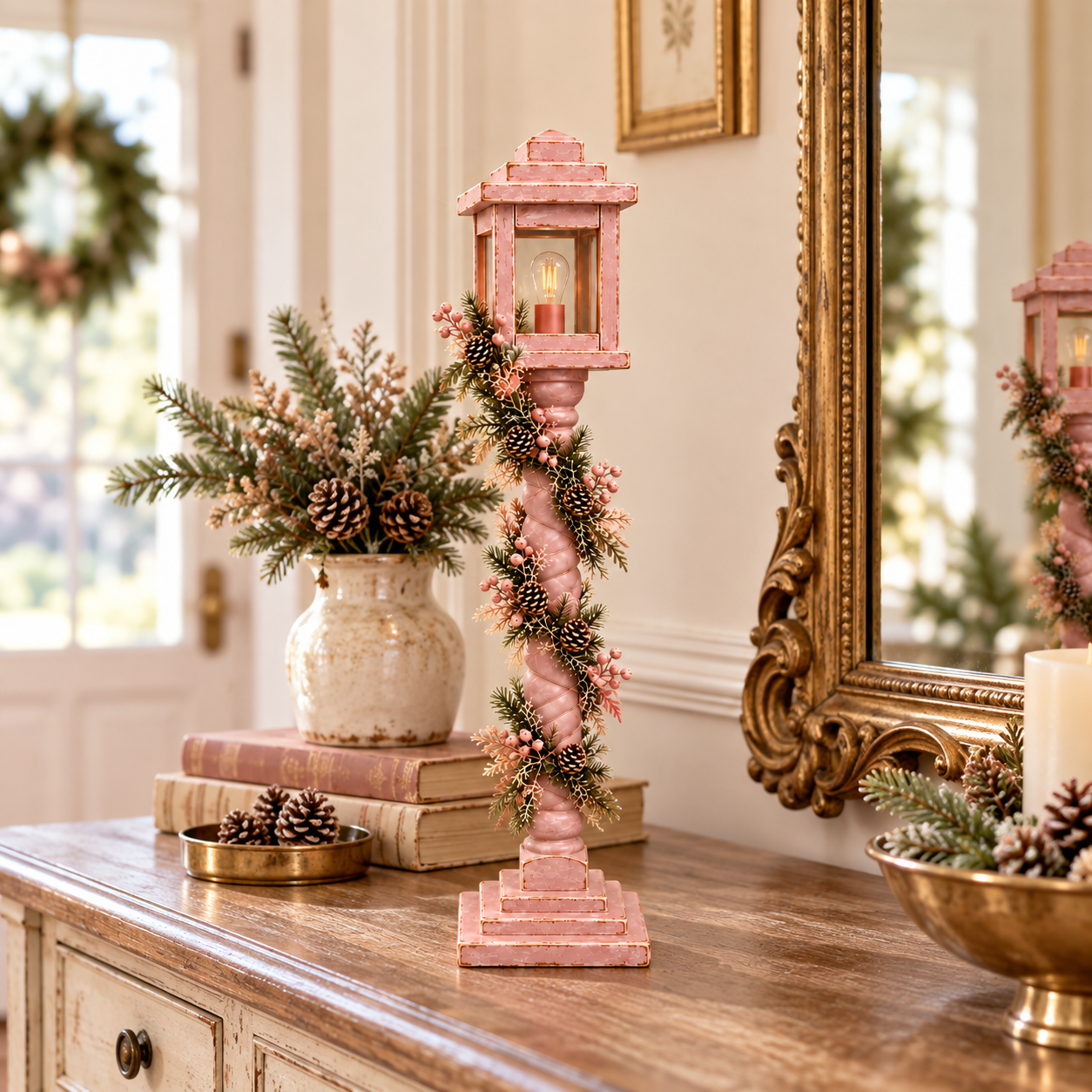 Vintage Blush Pink Lighted Christmas Lantern Post