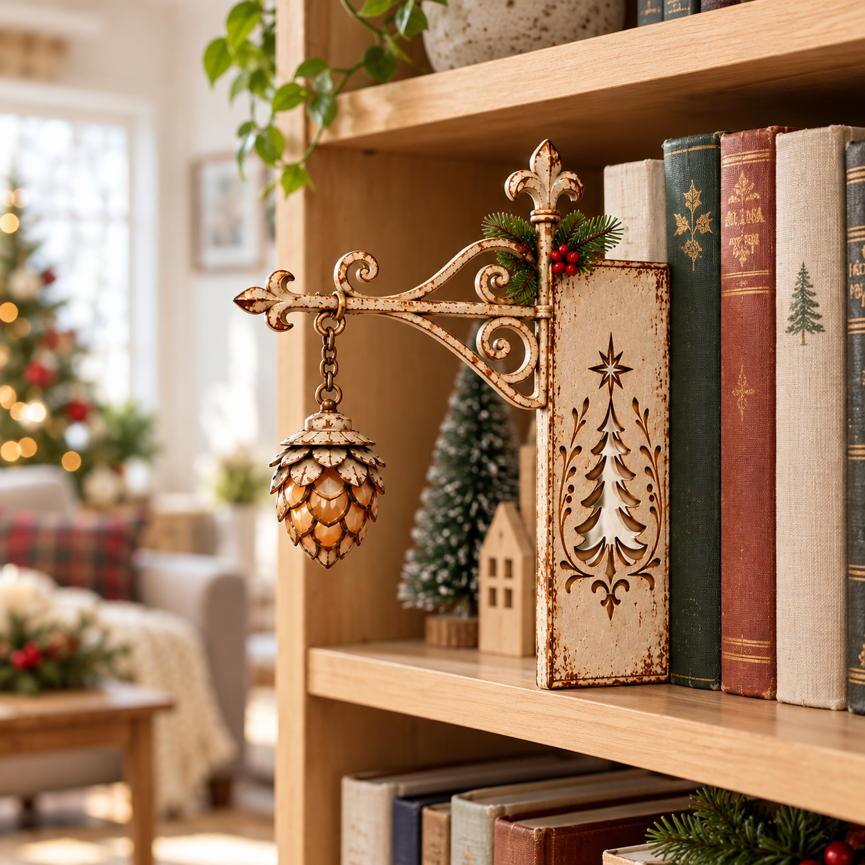 Vintage Christmas Pinecone Book Nook Light