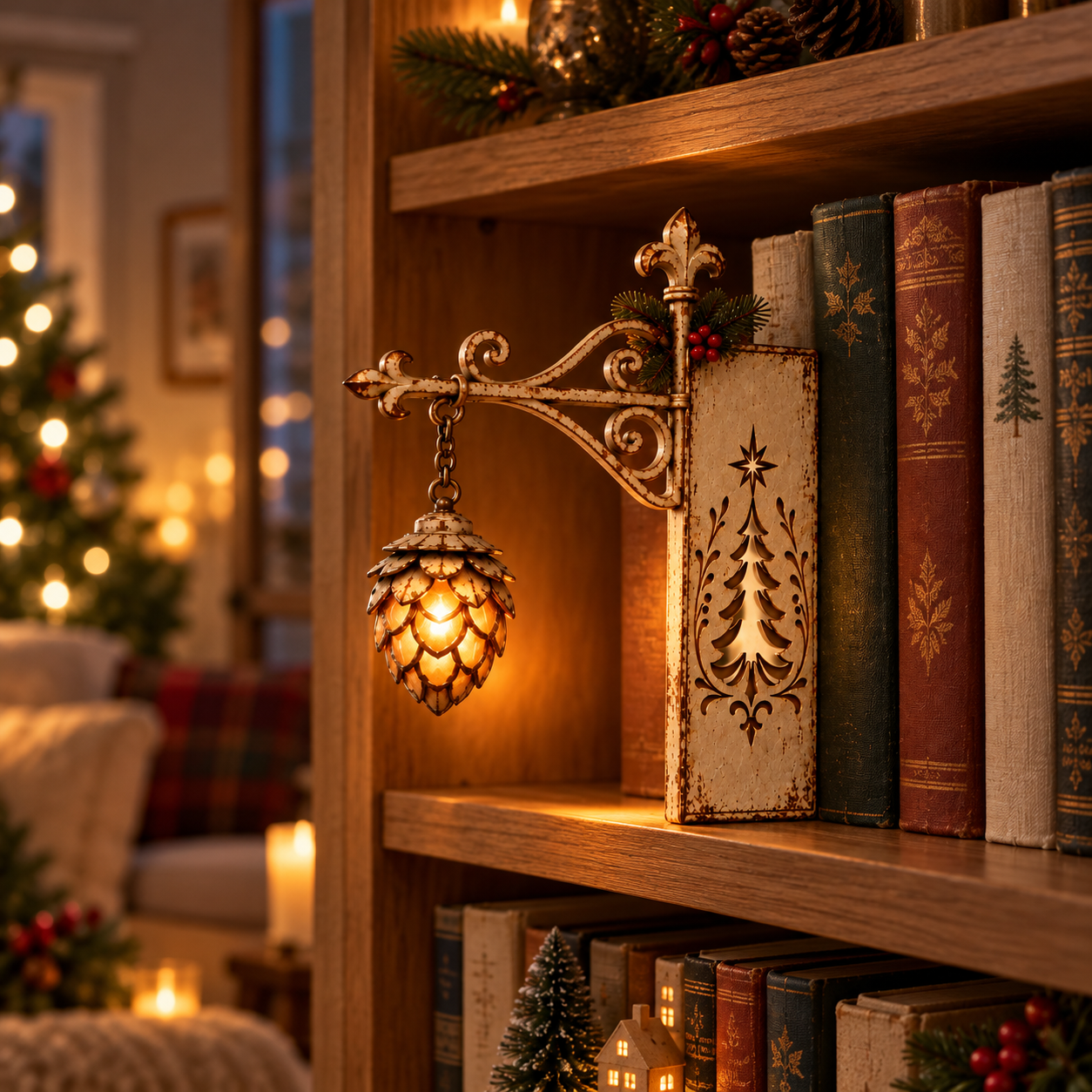 Vintage Christmas Pinecone Book Nook Light