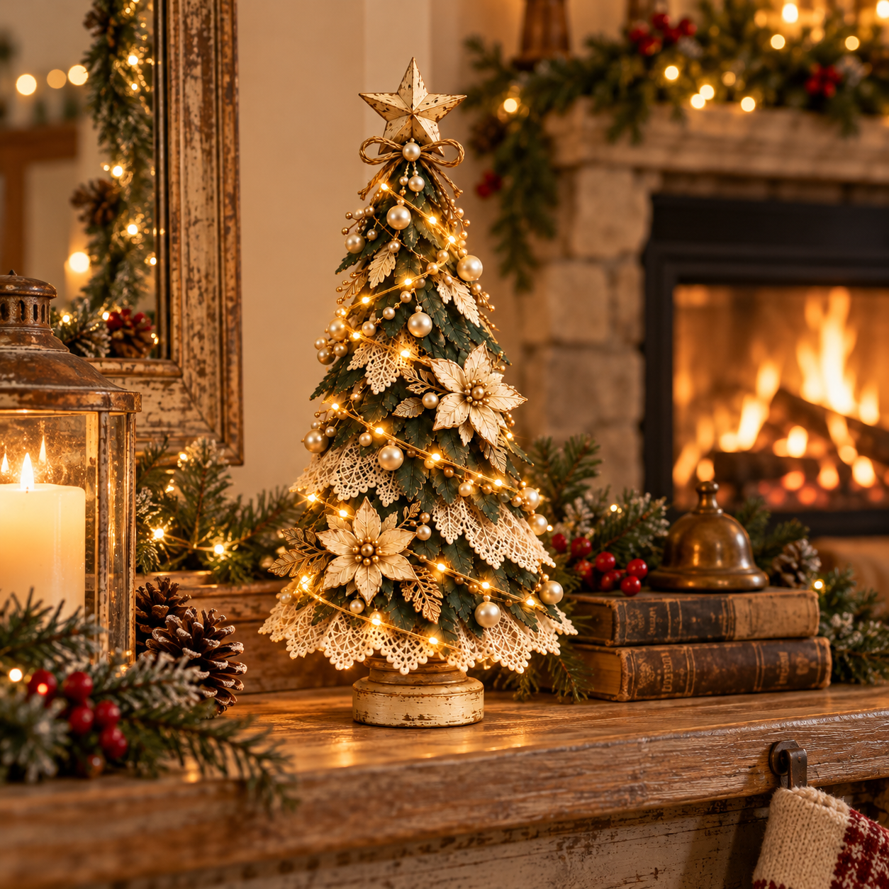 Vintage Sage Green Lighted Christmas Tree Decor