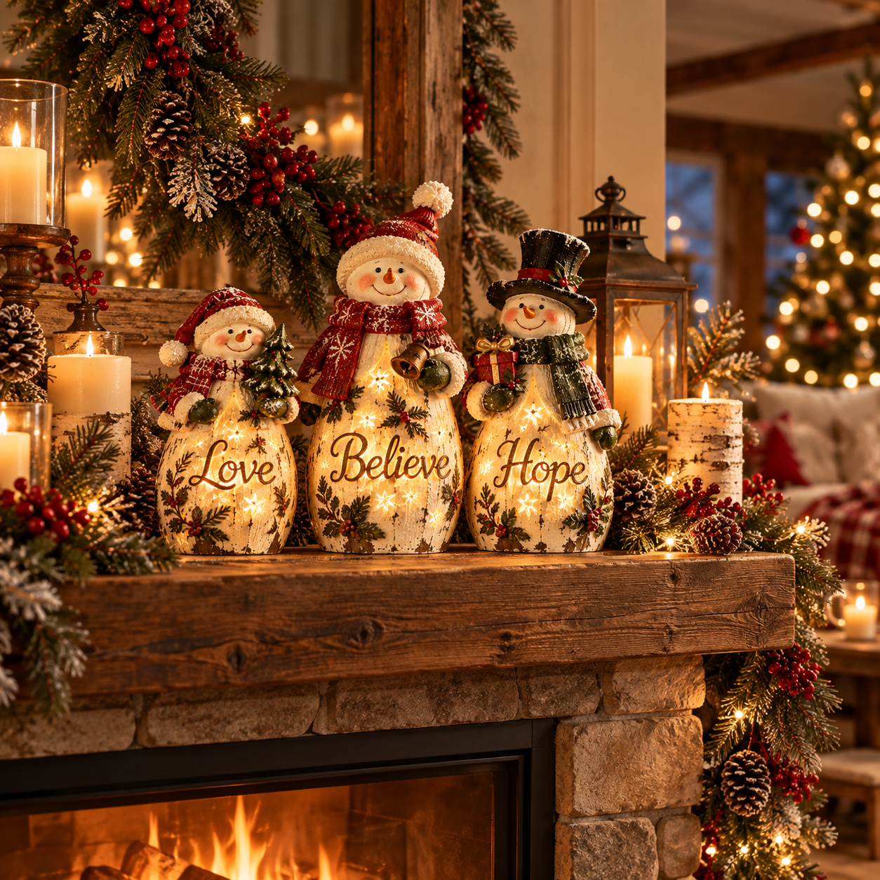 Vintage Lighted Christmas Snowman Family Trio