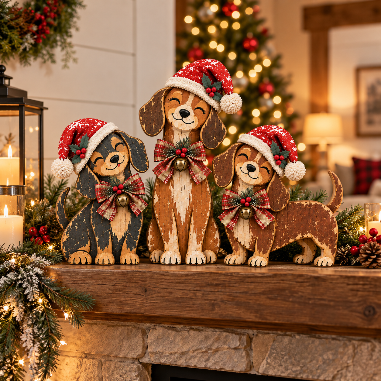 Vintage Christmas Wooden Dog Trio