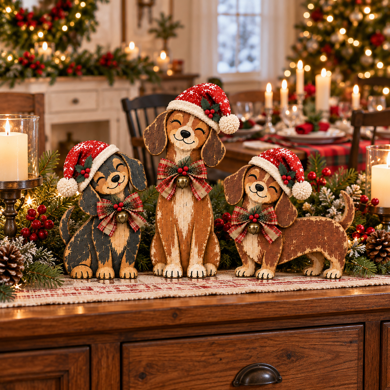 Vintage Christmas Wooden Dog Trio
