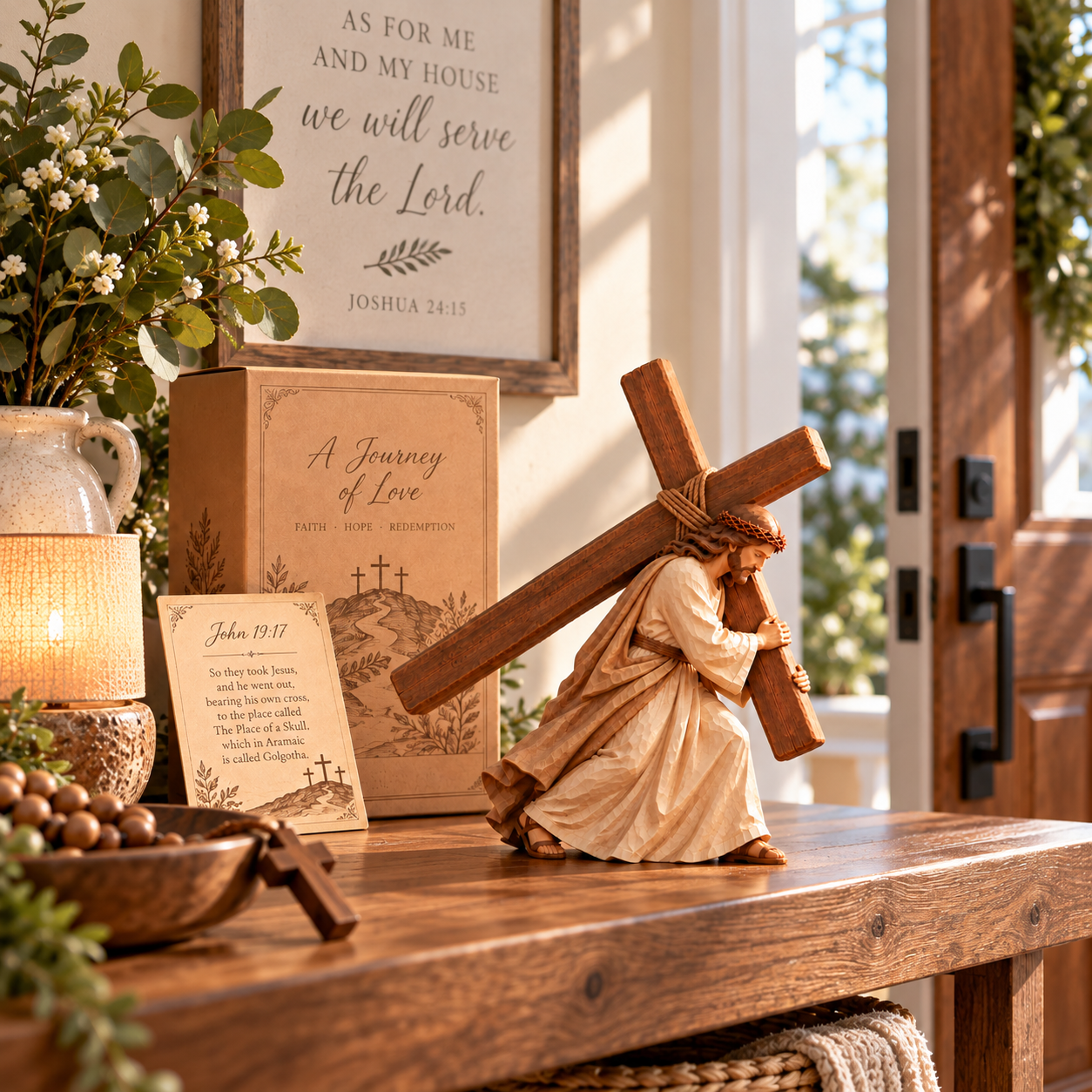✝️🤍 Vintage Jesus Carrying the Cross Figurine – Wood-Carved Look Christian Decor with John 19:17 Scripture Card & Gift Box