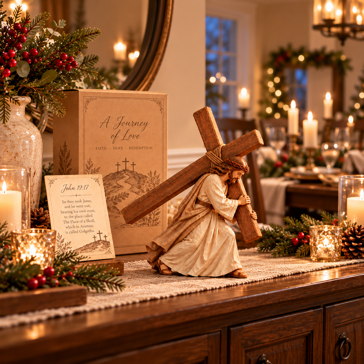 ✝️🤍 Vintage Jesus Carrying the Cross Figurine – Wood-Carved Look Christian Decor with John 19:17 Scripture Card & Gift Box