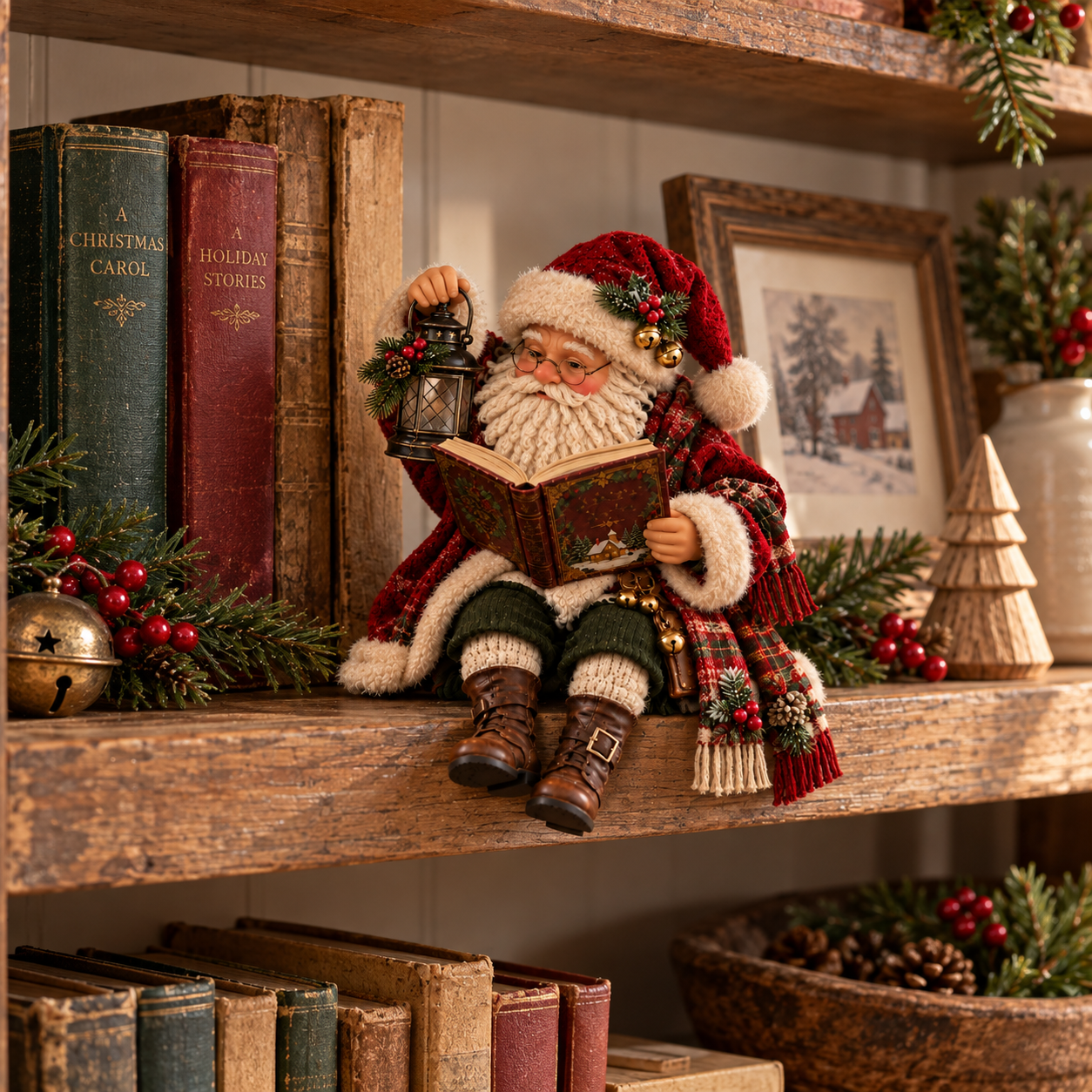 Vintage Christmas Storyteller Santa Figurine with Glowing Lantern