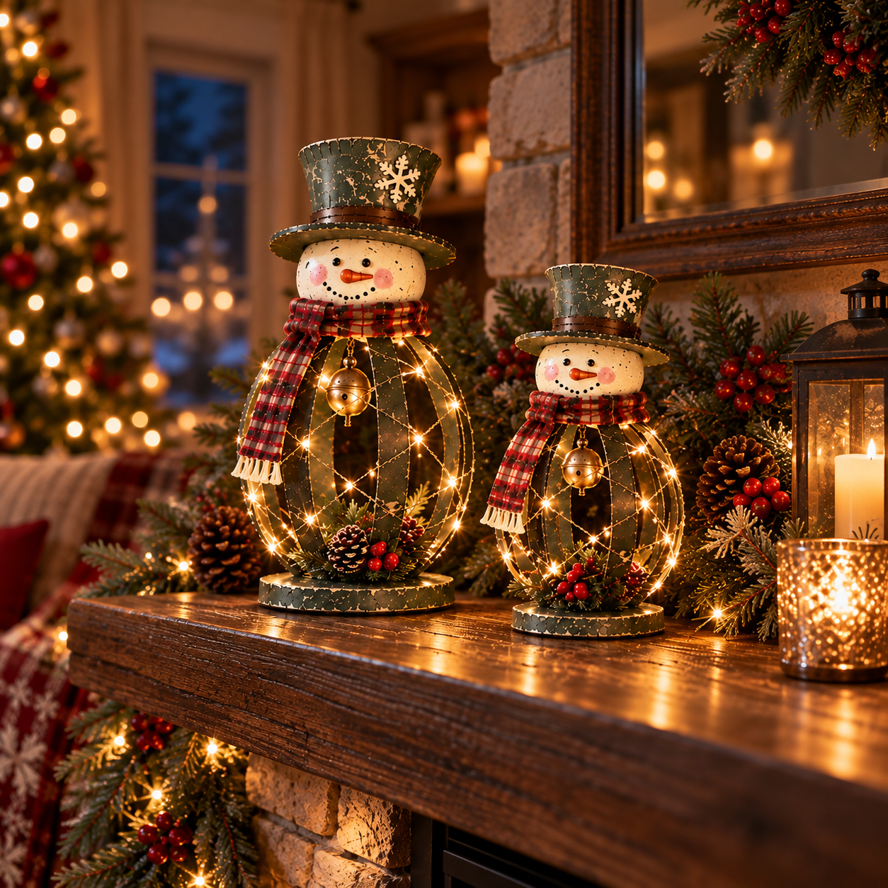 Vintage Lighted Iron Christmas Snowman Duo