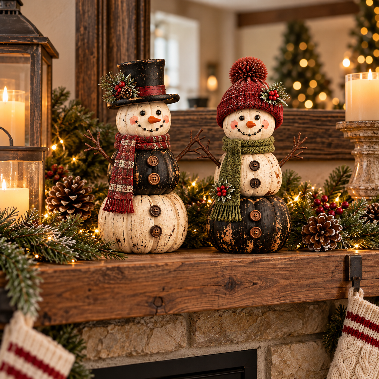 Vintage Black & Ivory Pumpkin Snowman Figurines