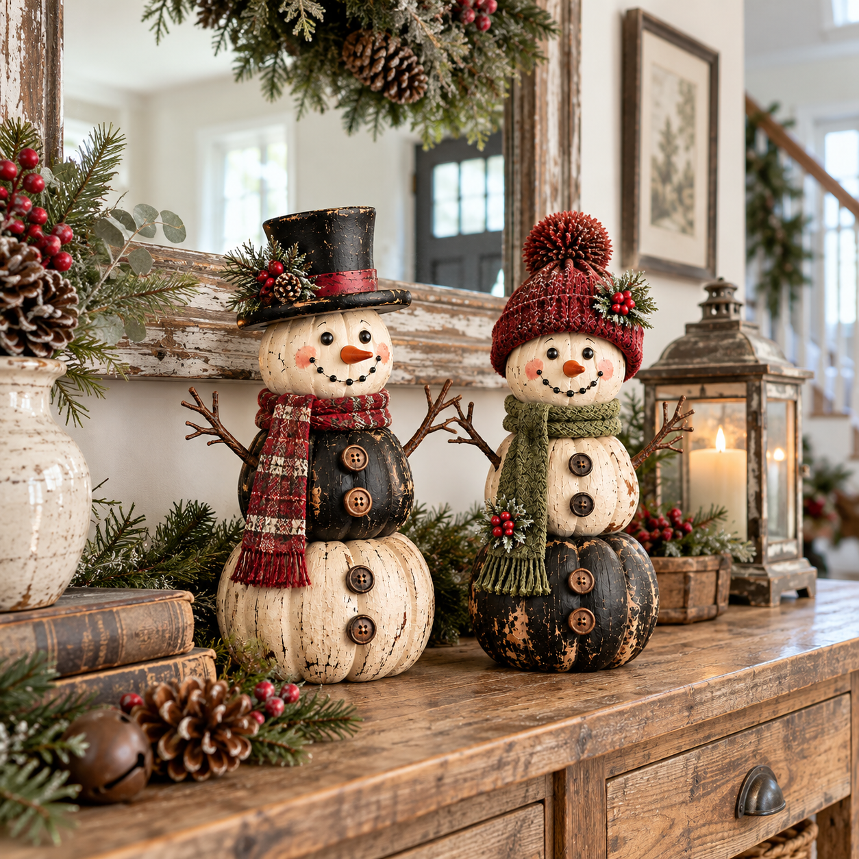 Vintage Black & Ivory Pumpkin Snowman Figurines