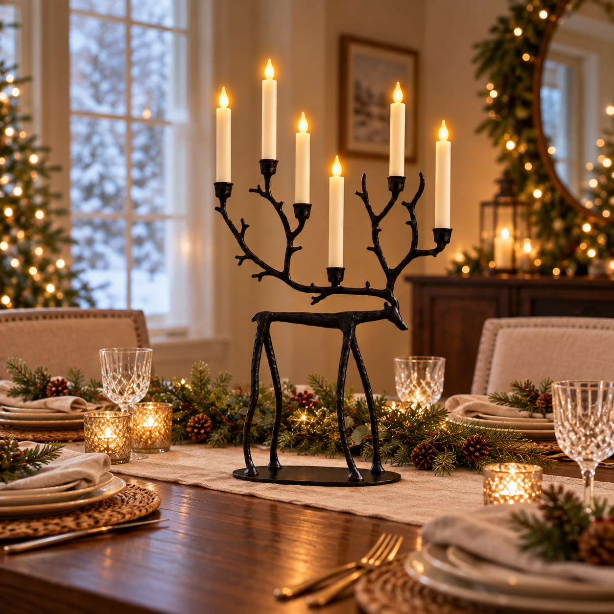 Vintage Black Reindeer Candelabra with 6 LED Candles
