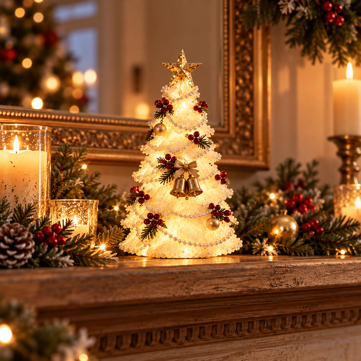 Vintage Pearl Lighted Christmas Tree – Remote Control Tabletop Decor