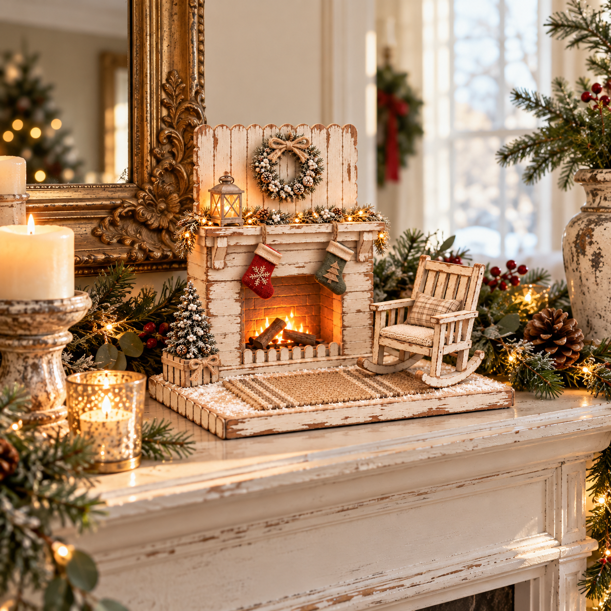Vintage Lighted Christmas Fireplace Scene