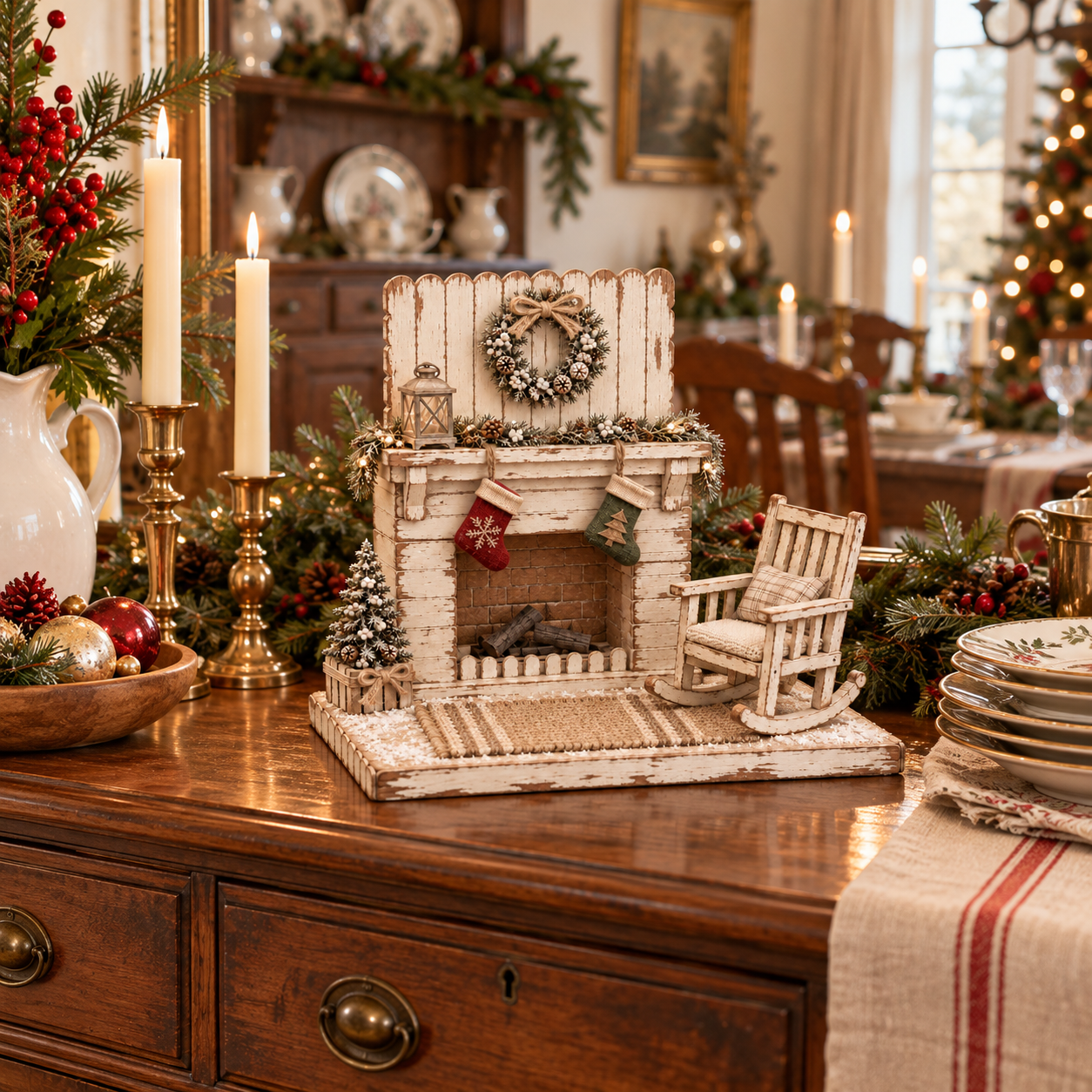Vintage Lighted Christmas Fireplace Scene