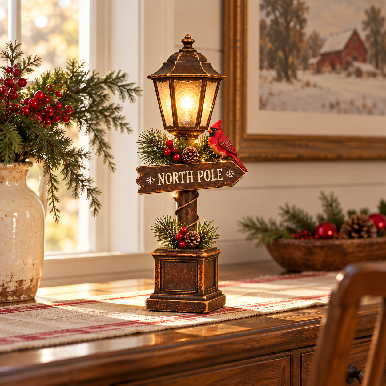 Vintage North Pole Christmas Lantern with Cardinal