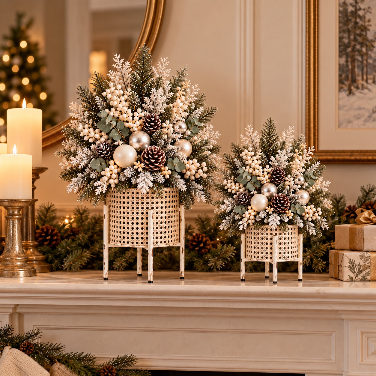 Vintage White Christmas Pine Arrangement Set