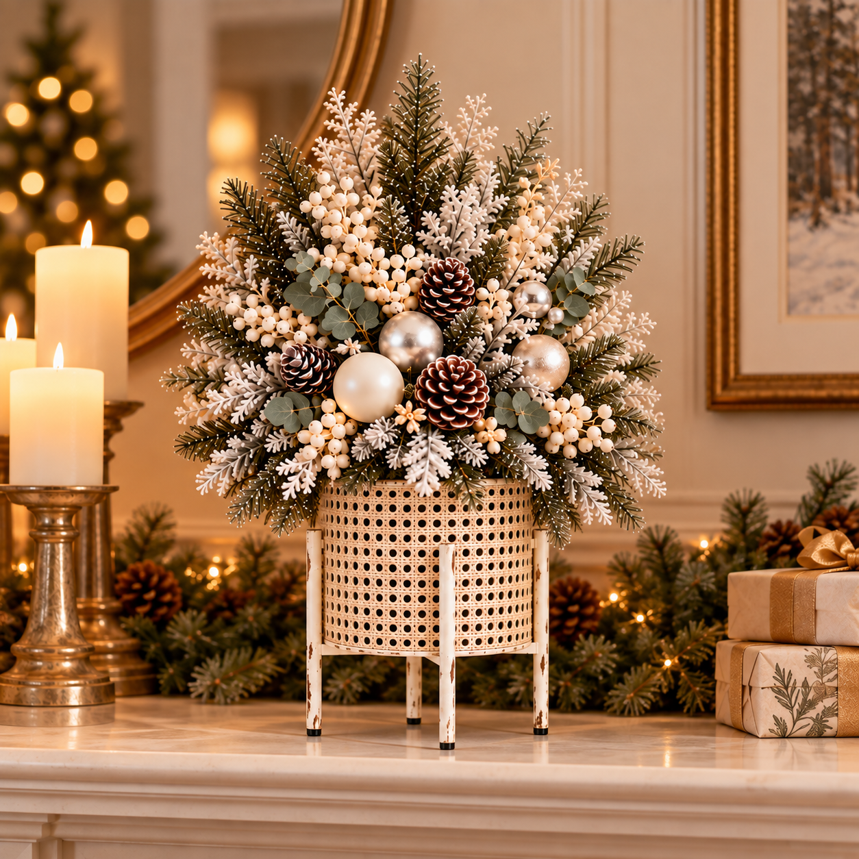 Vintage White Christmas Pine Arrangement Set