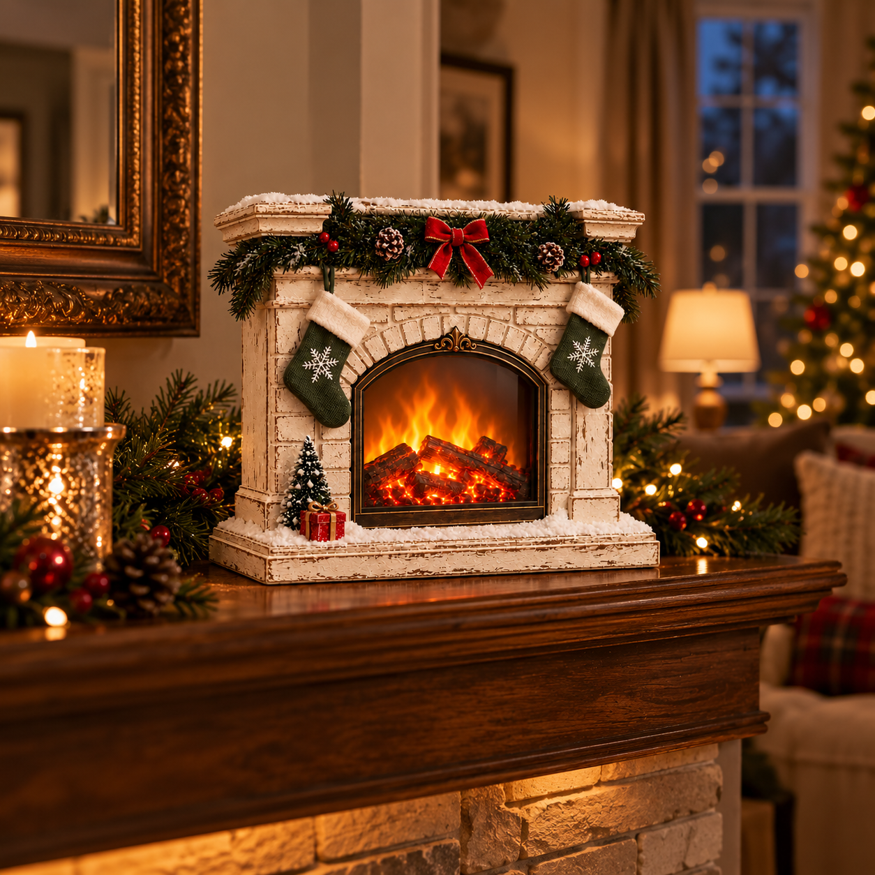Vintage White Christmas Fireplace Light Decor