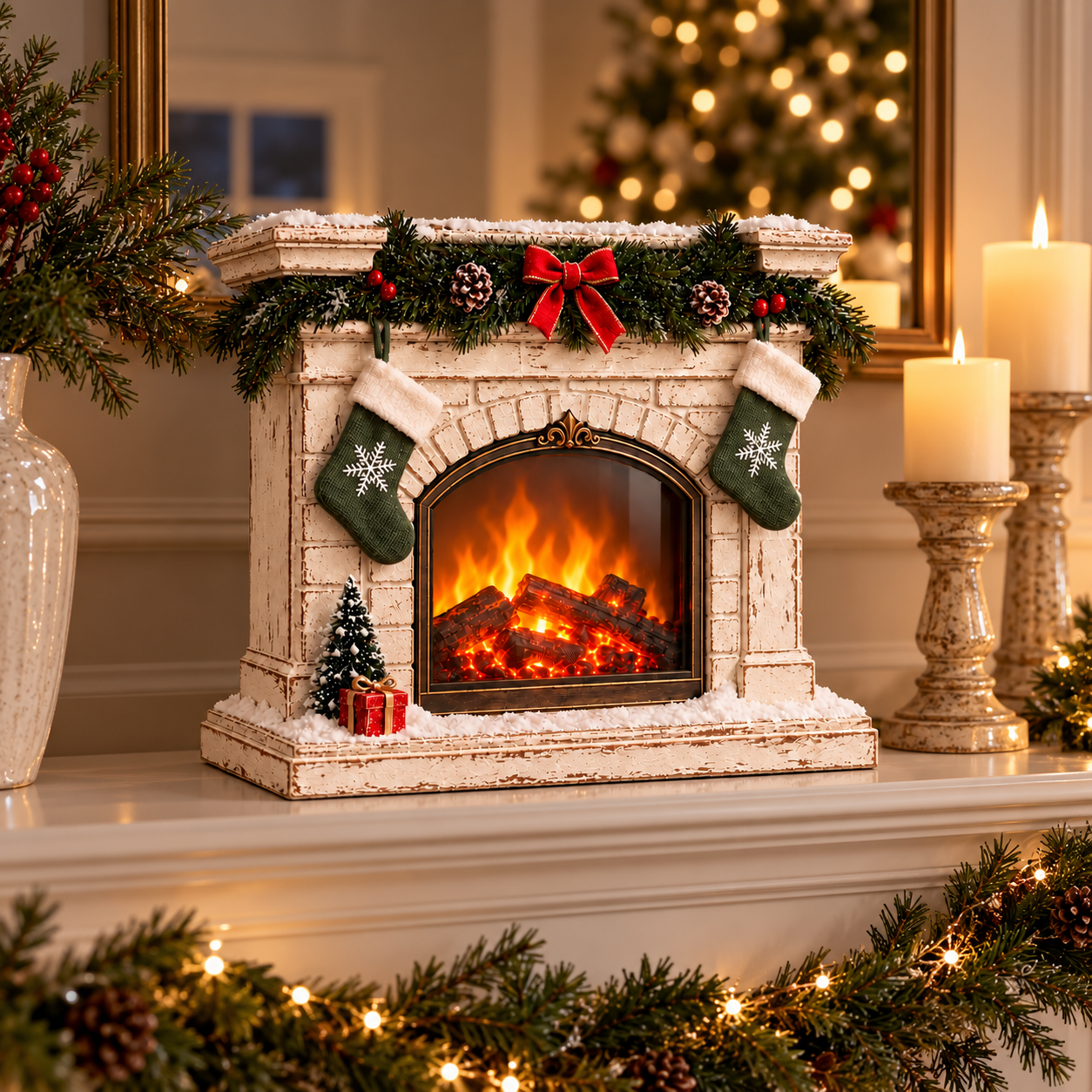 Vintage White Christmas Fireplace Light Decor