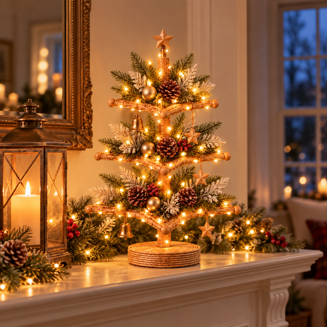 Vintage Rattan Christmas Tree Light Decor