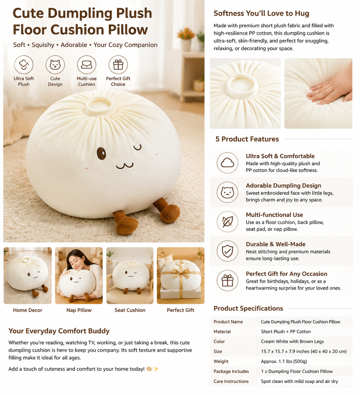 Cute Baozi Plush Pillow – Soft Stuffed Dumpling Cushion