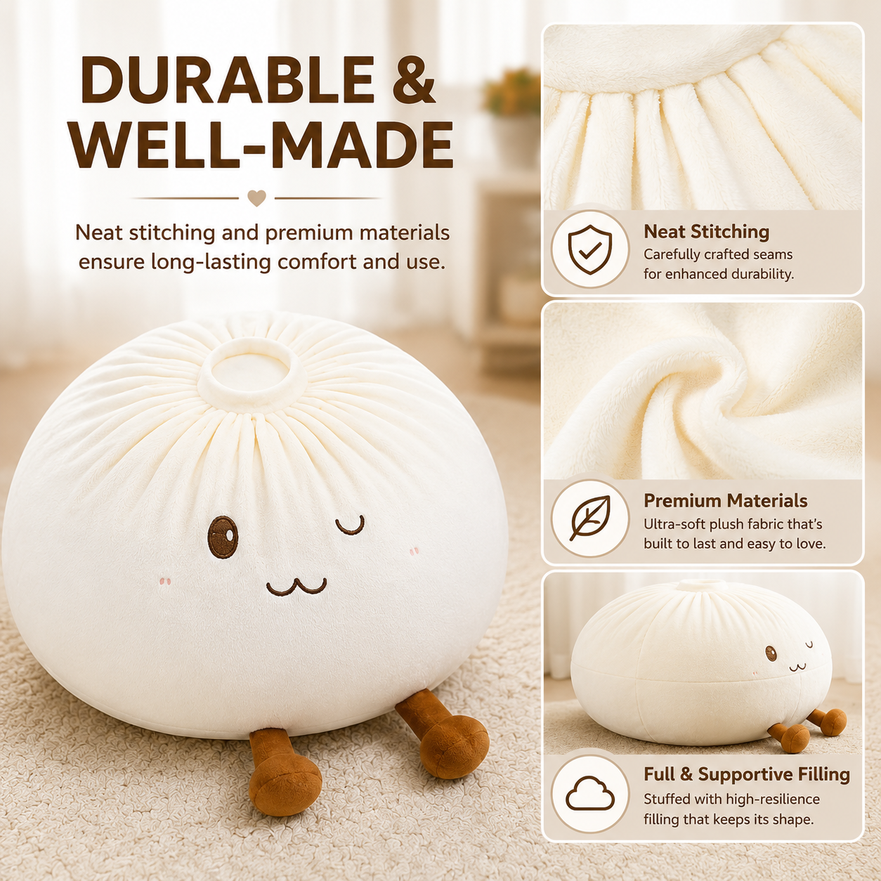 Cute Baozi Plush Pillow – Soft Stuffed Dumpling Cushion