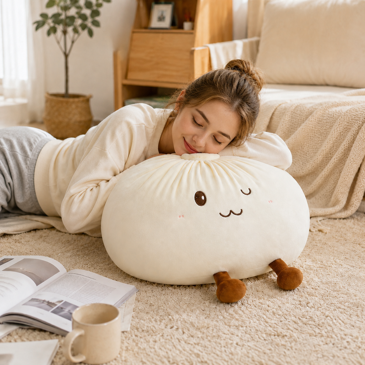 Cute Baozi Plush Pillow – Soft Stuffed Dumpling Cushion