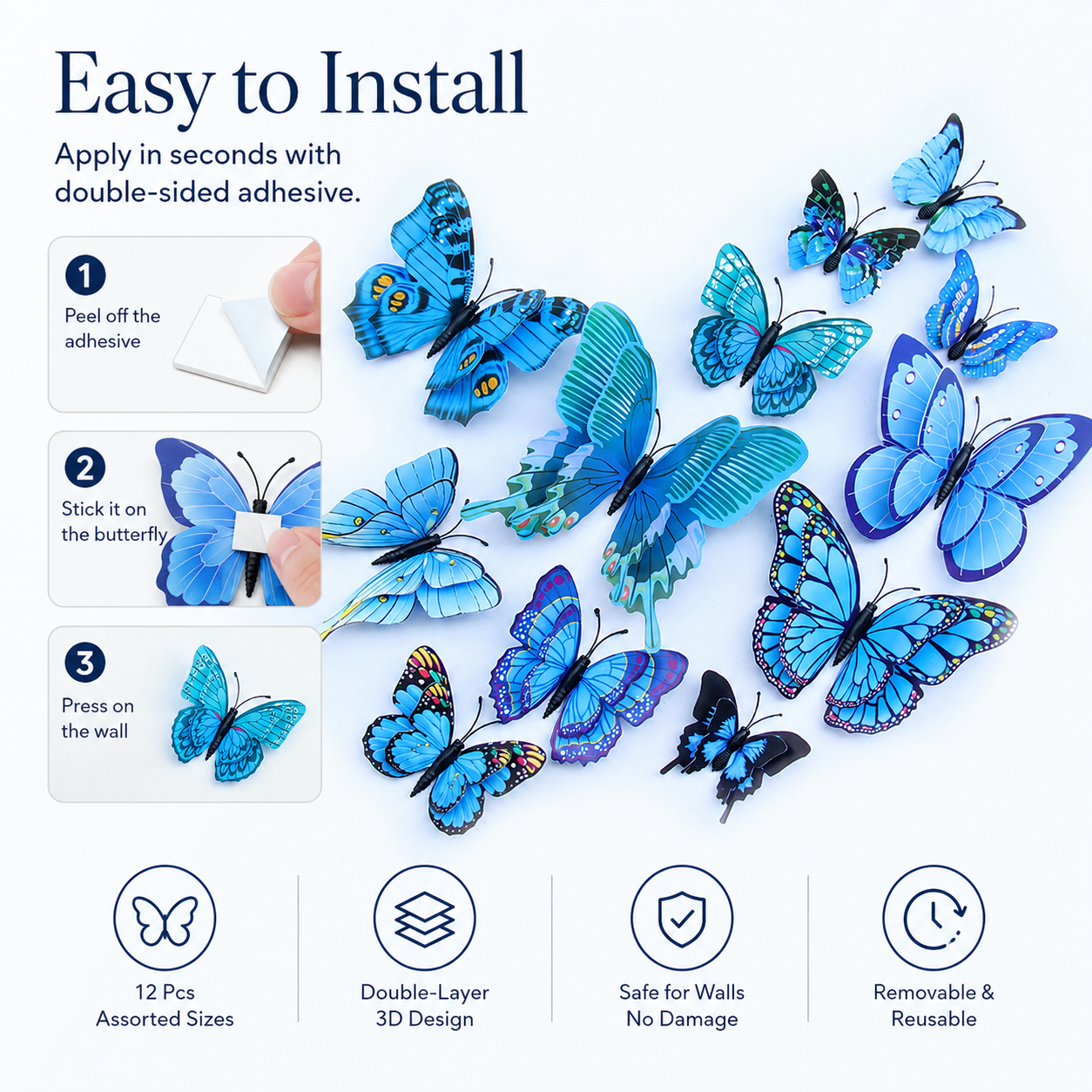 3D Blue Decorative Wall Butterflies – Set of 12, Double-Layer Realistic Design