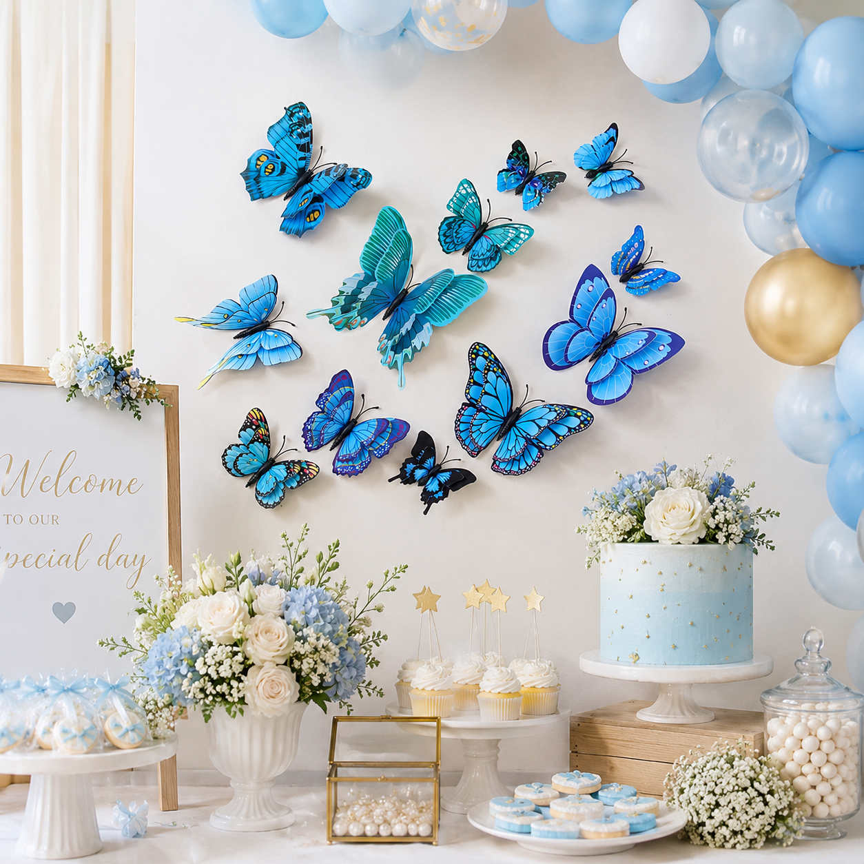 3D Blue Decorative Wall Butterflies – Set of 12, Double-Layer Realistic Design